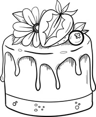 Cake with flower. Outline illustration. Doodle dessert. This art is perfect for invitation cards, spring decor, greeting cards, logo design, branding design, posters, scrapbooking, print.
