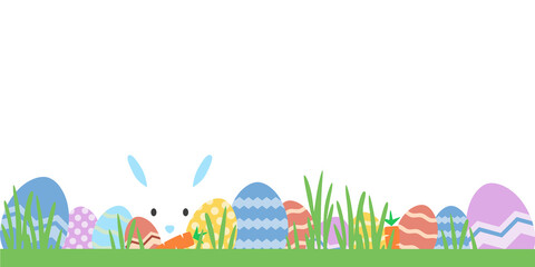 Easter illustration with grass, Easter eggs and bunny, graphic in cartoon style