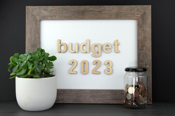 Rustic sign with wooden words Budget 2023