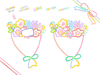 Bouquet and Ribbon Colorful simple and cute hand-drawn line drawing illustration set / 花束とリボン カラフルでシンプルでかわいい手描きの線画イラストセット