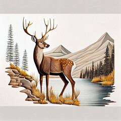 Textured Design of Elk Deer in Mountains. Generative AI