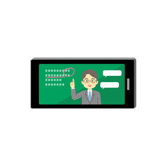 イラスト素材:携帯電話（スマートフォン、モバイル）でオンライン学習の動画を見る様子/横位置/主線なし（透過背景）


