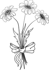Linear daisies and leaves. Hand drawn illustration. This art is perfect for invitation cards, spring and summer decor, greeting cards, posters, scrapbooking, print, etc.