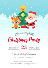 Merry Little Christmas Party invitation template. Winter holiday illustration with a deer, a fir tree and a Santa Claus on a background of a winter landscape. Vector 10 EPS.