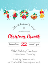 Christmas Brunch invitation template. Winter holiday illustration with a candy cane, sock, a wreath, a pudding and a bell on a background of a winter landscape. Vector 10 EPS.