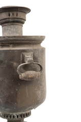 Wood handle of old dirty Russian samovar in a cobweb.