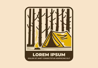 Vintage art illustration of camping tent between big trees