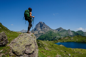trekker on Tour de l Ossau and Ayous lakes tour, Pyrenees National Park, Pyrenees Atlantiques,...