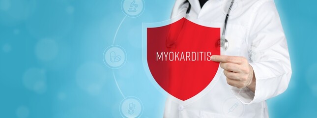 Myokarditis (Herzmuskelentzündung). Arzt hält rotes Schutzschild umgeben von Icons im Kreis....