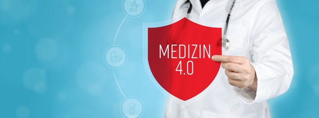 Medizin 4.0. Arzt hält rotes Schutzschild umgeben von Icons im Kreis. Medizinisches Wort im Symbol