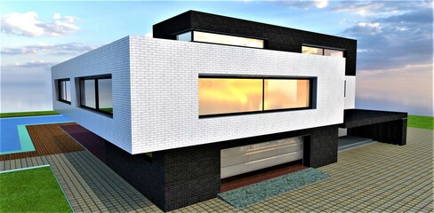 Stylish model of the modern design house constructed according to agvanced technogies. Lifting aluminium gate of the garage. 3d rendering.