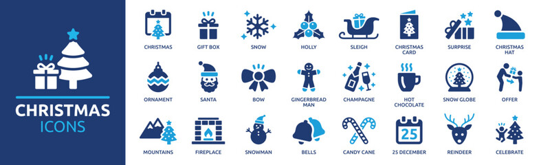 Christmas icon set. Xmas elements with snow, Santa Claus, gift box, candy cane, bells, Christmas tree, snowman and reindeer symbol. Solid icon collection.