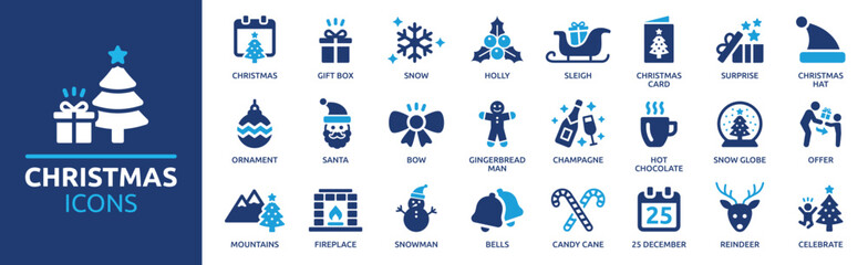 Christmas icon set. Xmas elements with snow, Santa Claus, gift box, candy cane, bells, Christmas tree, snowman and reindeer symbol. Solid icon collection. © Icons-Studio