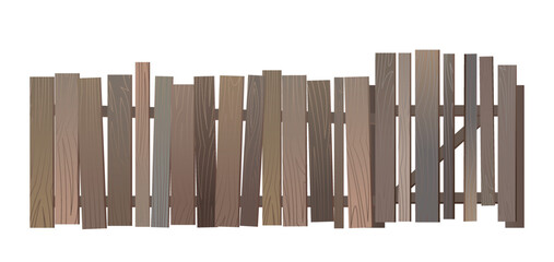 Old cheap fence with gate. From old boards. Isolated on white background Vector.