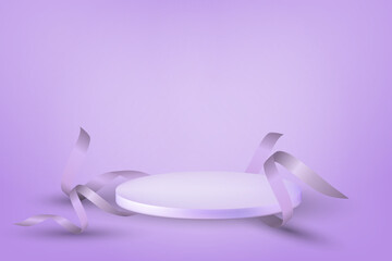 white podium and ribbon on violet background