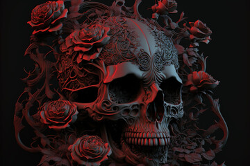 Abstract, surreal, creepy skull with red roses.Digital art - obrazy, fototapety, plakaty