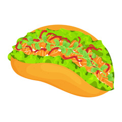 Tacos with rice, salmon and greens, red pepper for decoration. Cliparts. Food vector illustration, healthy eating, cooking, menu, seafood