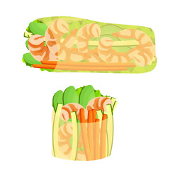 spring roll with shrimp, herbs, vegetables, avocado. Cliparts. Vector illustration of traditional Chinese cuisine and other Southeast Asian cuisines