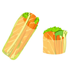 spring roll with salmon, herbs, vegetables, avocado. Cliparts. Vector illustration of traditional Chinese cuisine and other Southeast Asian cuisines