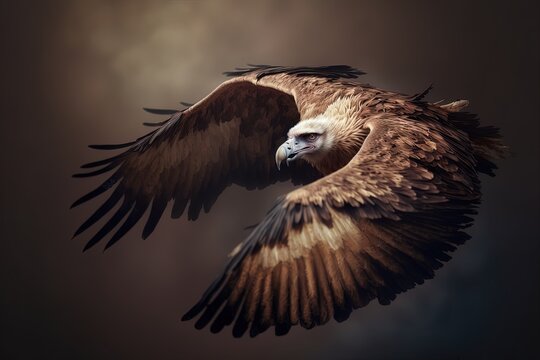 The griffon vulture (gyps fulvus) flies with its wings spread out of focus.
