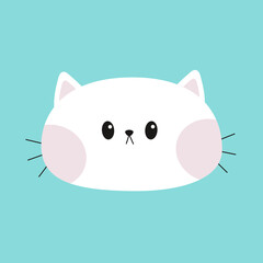 Cute cat face. White kitten icon. Funny happy kitty. Kawaii cartoon character. Pink cheek. Baby greeting card tshirt notebook cover template. Happy Valentines Day. Flat design. Blue background.