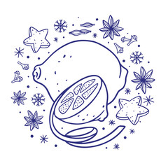 Lemon, star anise, carbamon seeds and cloves. Ingredients for winter hot drinks. Spices for glög and mulled wine in a linear style. Can be used for restaurant, cafe menu design.