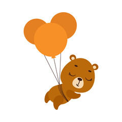 Cute little bear flying on balloons. Cartoon animal character for kids t-shirts, nursery decoration, baby shower, greeting card, invitation, house interior. Vector stock illustration