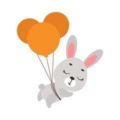 Cute little bunny flying on balloons. Cartoon animal character for kids t-shirts, nursery decoration, baby shower, greeting card, invitation, house interior. Vector stock illustration