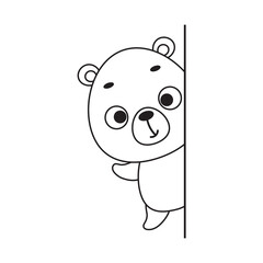 Coloring page cute little bear peeking around corner. Coloring book for kids. Educational activity for preschool years kids and toddlers with cute animal. Vector stock illustration