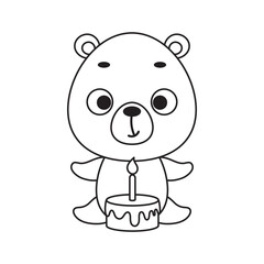 Coloring page cute little bear with birthday cake. Coloring book for kids. Educational activity for preschool years kids and toddlers with cute animal. Vector stock illustration