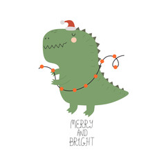merry and bright. Cartoon dinosaur, hand drawing lettering. holiday theme. Colorful vector illustration, flat style. design for greeting cards, print, poster