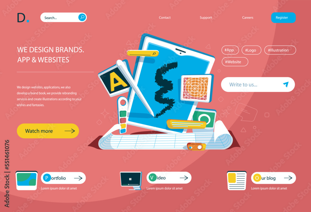 Wall mural designer studio concept in flat cartoon design for homepage layout. agency creating of websites gene