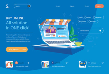 Online shopping concept in flat cartoon design for homepage layout. Selecting products on website of store, placing order and paying for purchase. Vector illustration for landing page and web banner