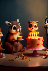 Adorable Baby AnimalsExcited about Birthday Cake with Candles. generative ai