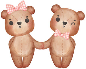 cute two teddy bears Valentine character cartoon watercolour