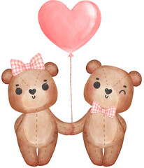 cute two teddy bears Valentine character cartoon watercolour