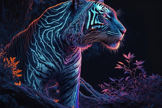 Photoshopped line art of a neon tiger in the wild.