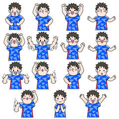 サッカー、フットボール観戦をするサポーターの男性　日本のユニフォーム　色々な表情