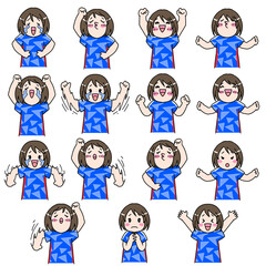 サッカー、フットボール観戦をするサポーターの女性　日本のユニフォーム　色々な表情