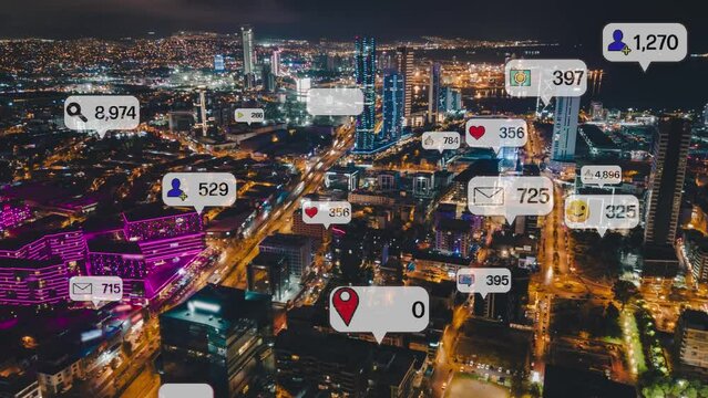Social media and notification icons over the cities. social network concept. High quality 4k footage