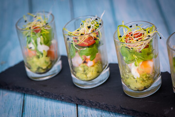 Avocado shrimp arugula mayonaise, espelette pepper and lemon, leek sprouts recipe, High quality...