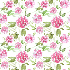 Watercolor seamless pattern with pink roses, leaves and vines. Hand drawn print for design decoration, scrapbooking, wrapping paper, fabrics