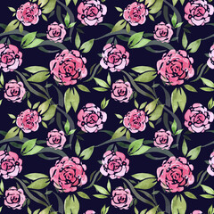 Fototapeta na wymiar Watercolor seamless pattern with pink roses, leaves and vines. Hand drawn print for design decoration, scrapbooking, wrapping paper, fabrics