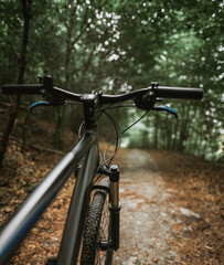 Fototapeta na wymiar Mountain bike handlebar viewed from the first-person perspective.handlebar and the forest trail. Concept of spending time outdoors while bikeriding