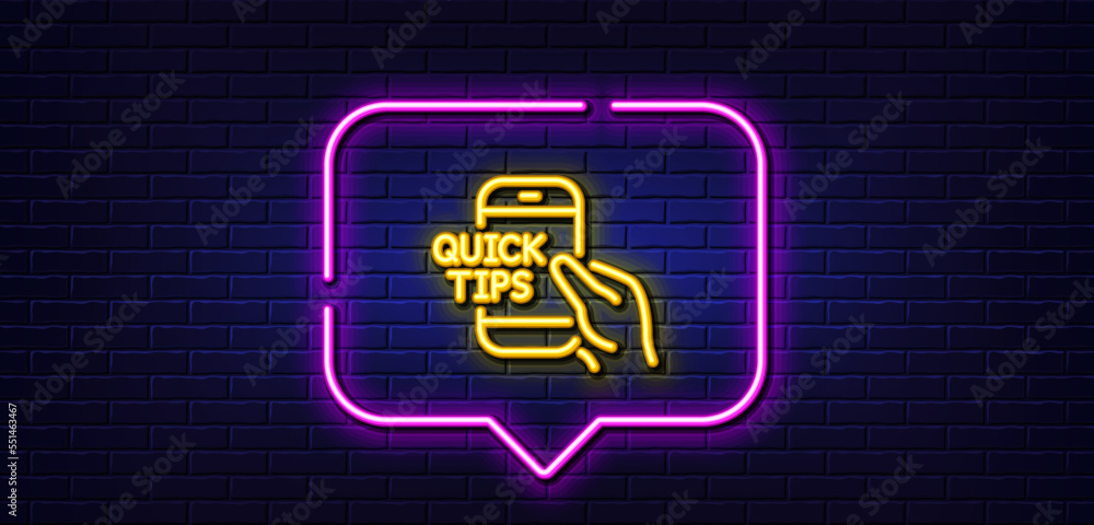 Poster neon light speech bubble. quick tips on phone line icon. helpful tricks sign. internet tutorials sym