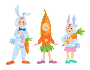 Funny children in carnival costumes. Two rabbits and one cute carrot. Suits for a school party. In cartoon style. Isolated on white background. Vector illustration.