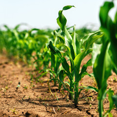 Fototapeta premium Green small corn sprouts in cultivated agricultural field, low angle view. Agriculture and cultivation concept.