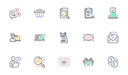 Search statistics, Approved mail and Copyright laptop line icons for website, printing. Collection of Biometric eye, Search document, Hold box icons. Success business, Online question. Vector