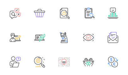 Search statistics, Approved mail and Copyright laptop line icons for website, printing. Collection of Biometric eye, Search document, Hold box icons. Success business, Online question. Vector