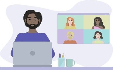 Home office concept. Online meeting with colleagues or friends. Illustration for cards, posters, flyers.